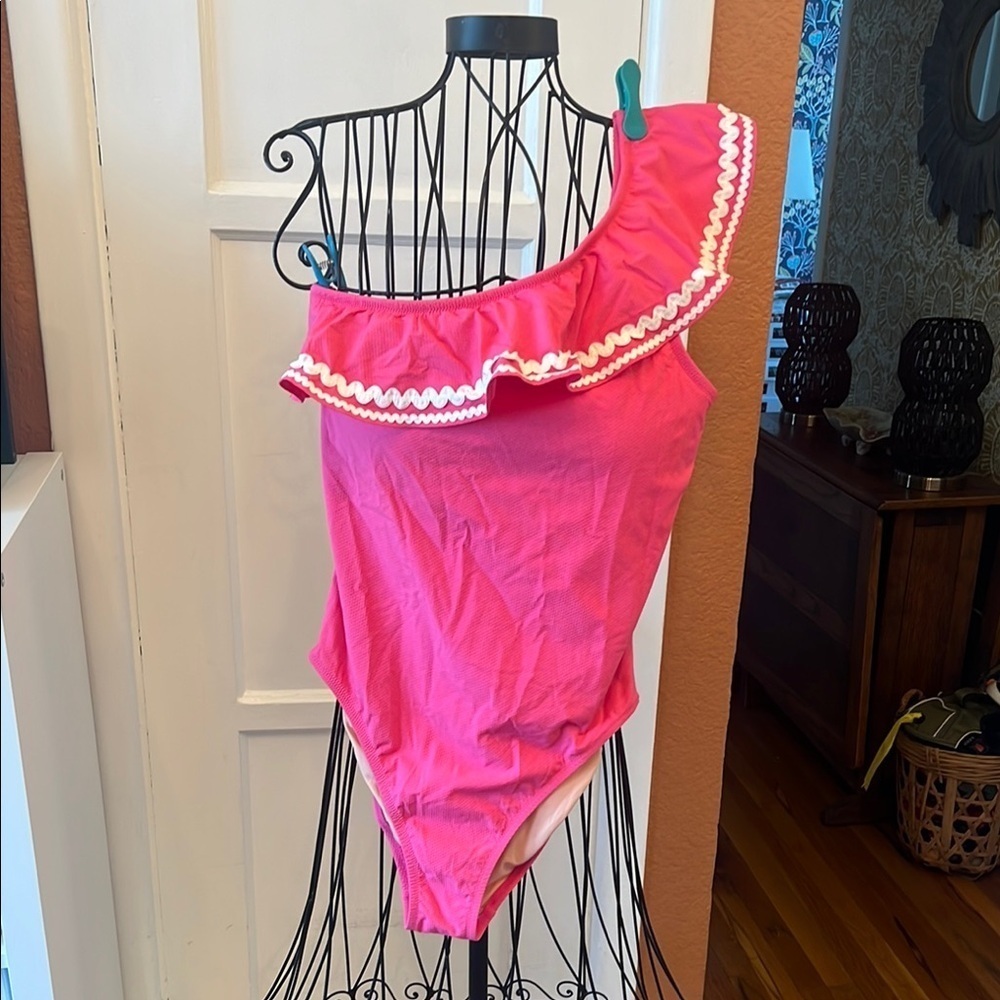 J Crew One Shoulder Hot Pink Ruffle Ric Rac One-piece Swimsuit-Size 8